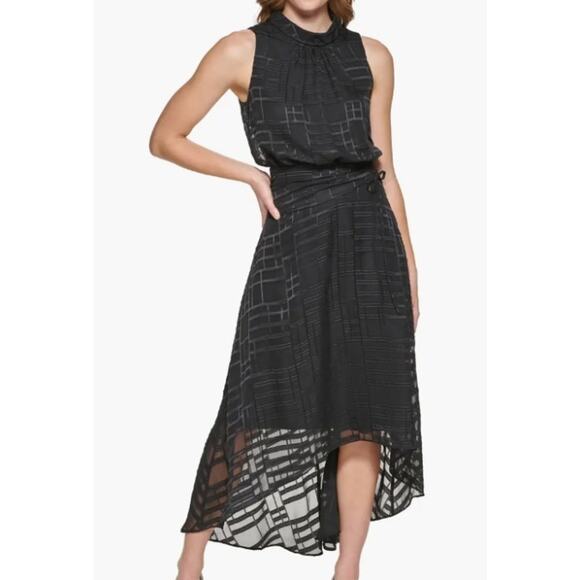 Karl Lagerfeld Black Plaid Chiffon High-Low Sleeveless High Neck Midi Dress 6 - Picture 1 of 16